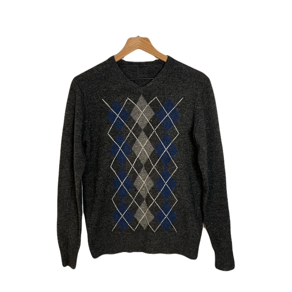 Muji‎ Women's Sweater Small Gray V-Neck 100% Wool Argyle Knit Navy White Classic